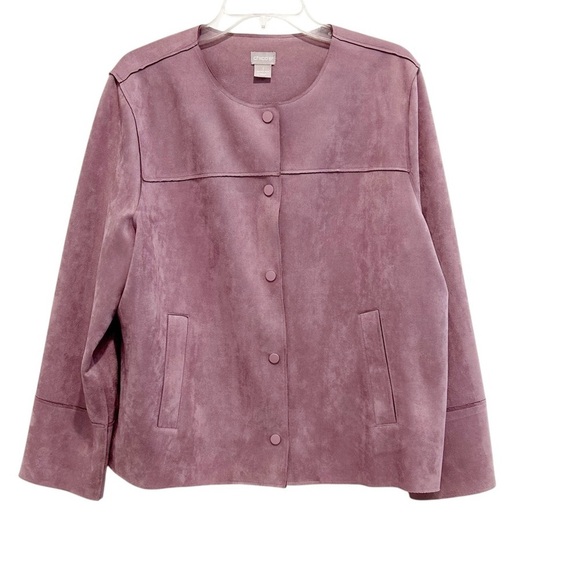 Chicos Faux Suede Jacket Size 3 or XL Light Purple Spring Snap Front - Picture 2 of 5